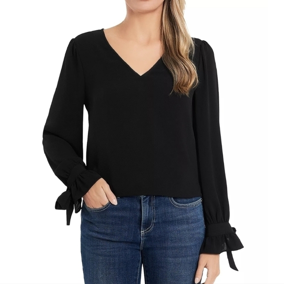 CECE size XS black V-neck long-sleeved tie blouse NWT - Picture 1 of 8